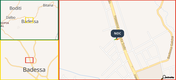 Map showing the address of NOC in three different zoom levels.