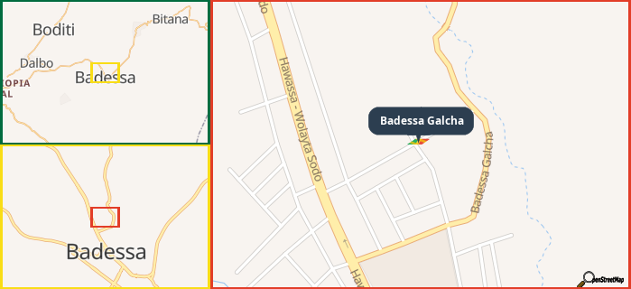 Map showing the address of Badessa Galcha in three different zoom levels.