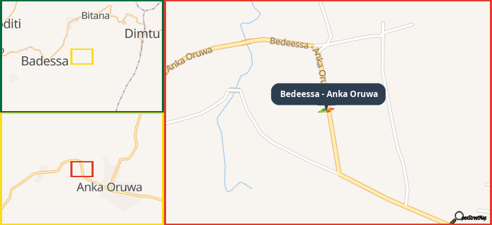 Map showing the address of Bedeessa - Anka Oruwa in three different zoom levels.