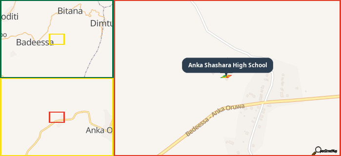 Map showing the address of Anka Shashara High School in three different zoom levels.