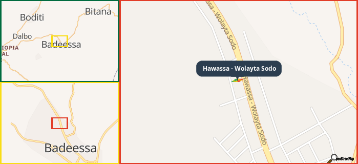 Map showing the address of Hawassa - Wolayta Sodo in three different zoom levels.