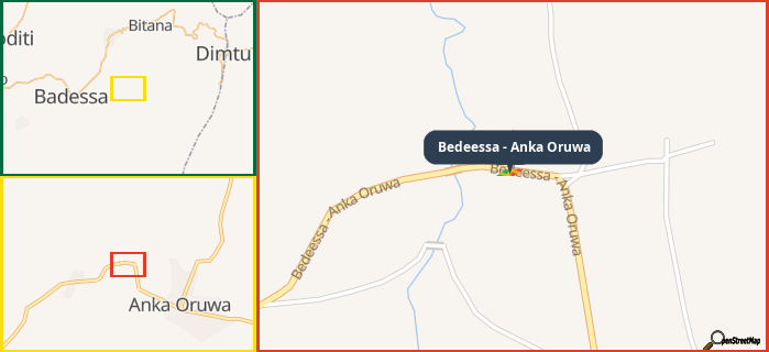 Map showing the address of Bedeessa - Anka Oruwa in three different zoom levels.
