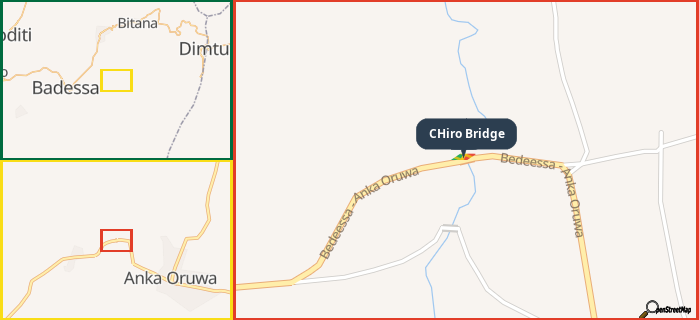 Map showing the address of CHiro Bridge in three different zoom levels.