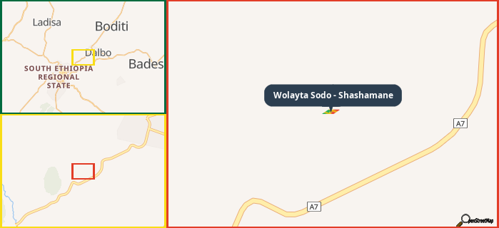Map showing the address of Wolayta Sodo - Shashamane in three different zoom levels.