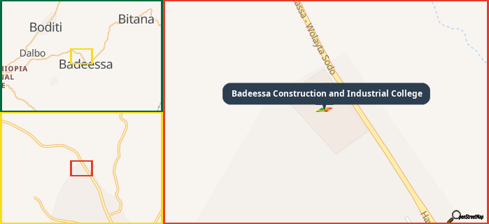 Map showing the address of Badeessa Construction and Industrial College in three different zoom levels.