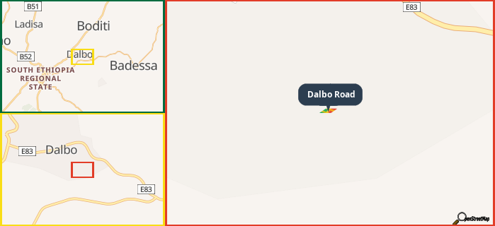 Map showing the address of Dalbo Road in three different zoom levels.