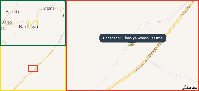 Map showing the address of Geeshsha Sillaasiya Woosa Keettaa in three different zoom levels.