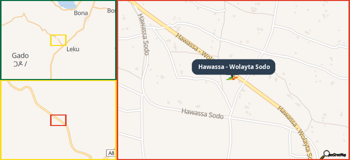 Map showing the address of Hawassa - Wolayta Sodo in three different zoom levels.