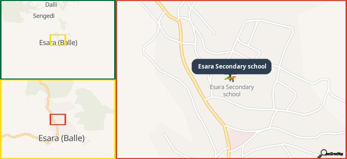 Map showing the address of Esara Secondary school in three different zoom levels.