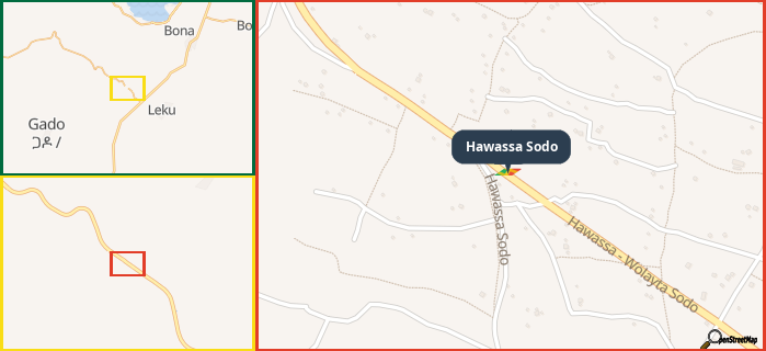 Map showing the address of Hawassa Sodo in three different zoom levels.