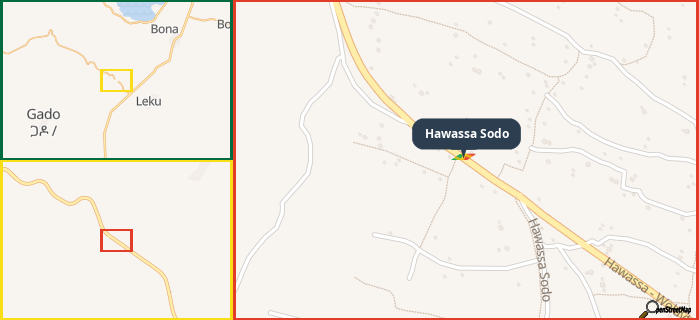 Map showing the address of Hawassa Sodo in three different zoom levels.
