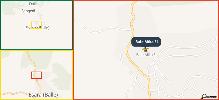 Map showing the address of Bale Mika'El in three different zoom levels.