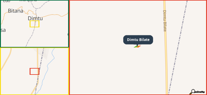 Map showing the address of Dimtu Bilate in three different zoom levels.