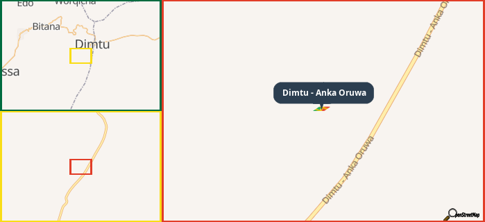 Map showing the address of Dimtu - Anka Oruwa in three different zoom levels.