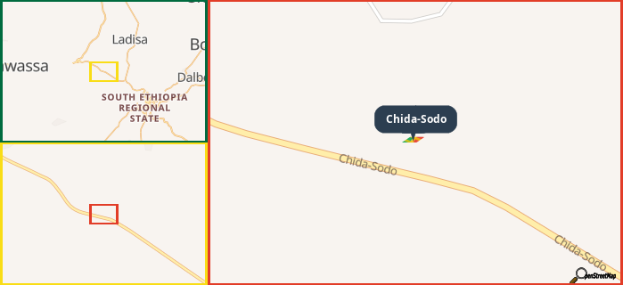 Map showing the address of Chida-Sodo in three different zoom levels.