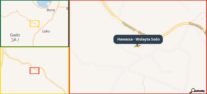 Map showing the address of Hawassa - Wolayta Sodo in three different zoom levels.