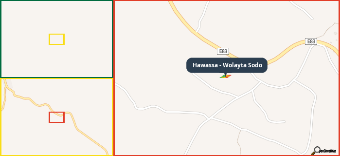 Map showing the address of Hawassa - Wolayta Sodo in three different zoom levels.