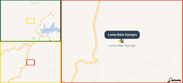 Map showing the address of Loma Bale Gyorgis in three different zoom levels.