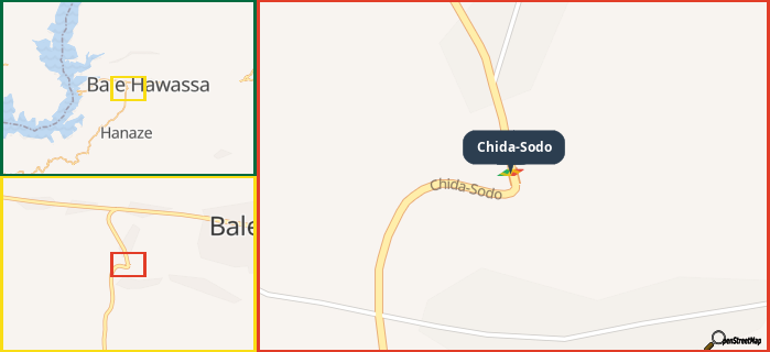 Map showing the address of Chida-Sodo in three different zoom levels.
