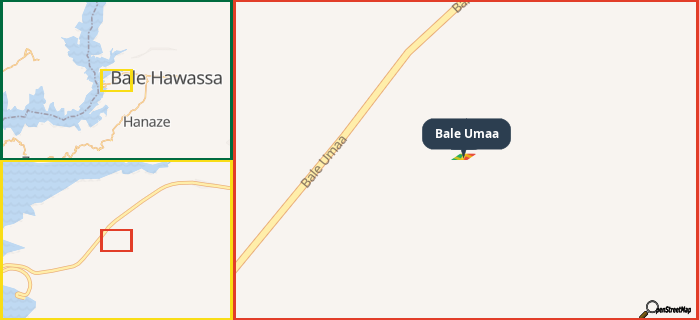 Map showing the address of Bale Umaa in three different zoom levels.