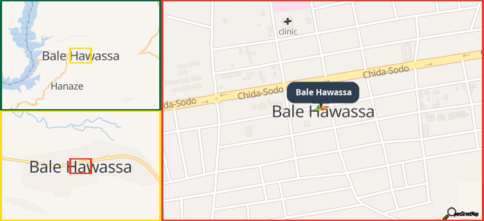 Map showing the address of Bale Hawassa in three different zoom levels.