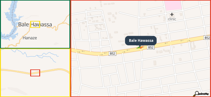 Map showing the address of Bale Hawassa in three different zoom levels.