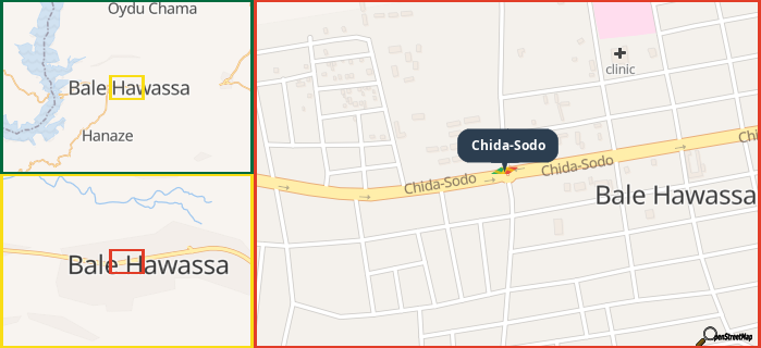 Map showing the address of Chida-Sodo in three different zoom levels.