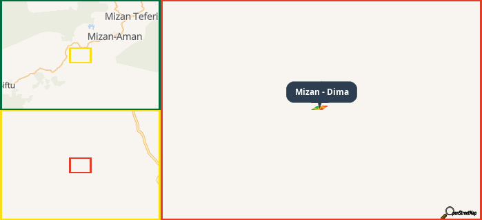 Map showing the address of Mizan - Dima in three different zoom levels.