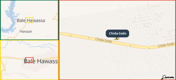 Map showing the address of Chida-Sodo in three different zoom levels.