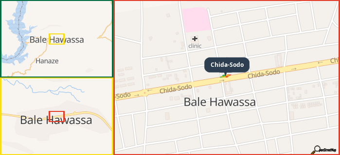 Map showing the address of Chida-Sodo in three different zoom levels.