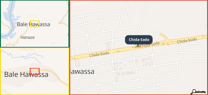 Map showing the address of Chida-Sodo in three different zoom levels.