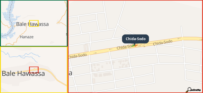 Map showing the address of Chida-Sodo in three different zoom levels.