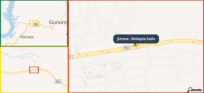 Map showing the address of Jimma - Wolayta Sodo in three different zoom levels.