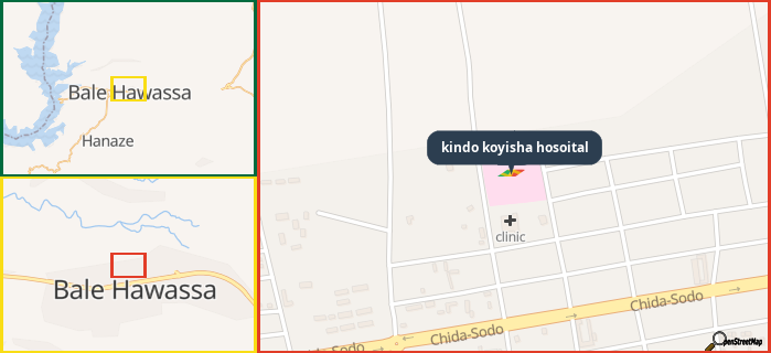 Map showing the address of kindo koyisha hosoital in three different zoom levels.