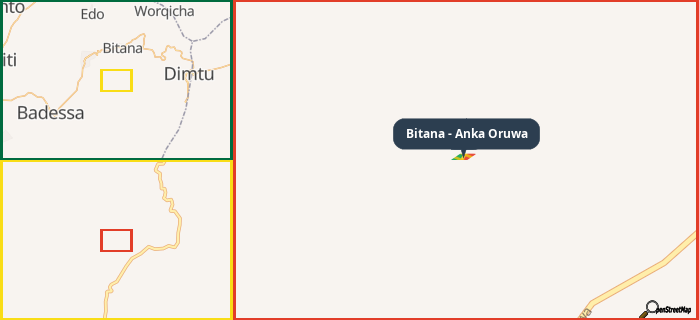 Map showing the address of Bitana - Anka Oruwa in three different zoom levels.