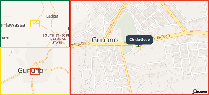 Map showing the address of Chida-Sodo in three different zoom levels.