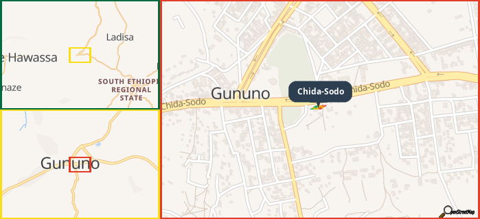 Map showing the address of Chida-Sodo in three different zoom levels.
