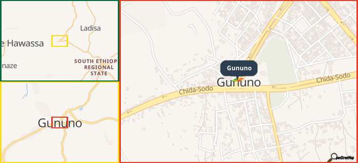 Map showing the address of Gununo in three different zoom levels.