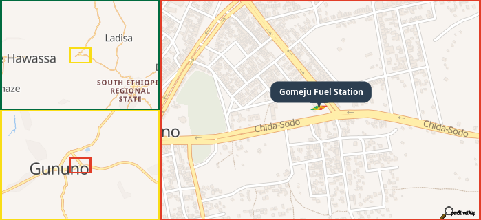 Map showing the address of Gomeju Fuel Station in three different zoom levels.