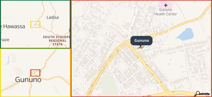 Map showing the address of Gununo in three different zoom levels.