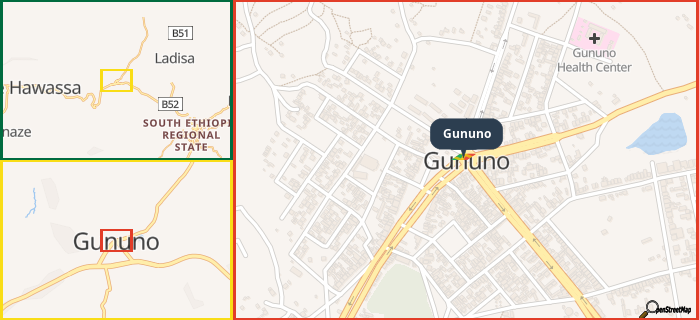 Map showing the address of Gununo in three different zoom levels.