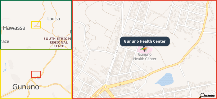 Map showing the address of Gununo Health Center in three different zoom levels.