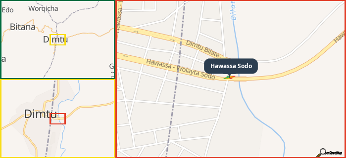 Map showing the address of Hawassa Sodo in three different zoom levels.