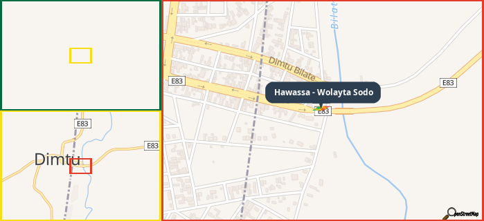 Map showing the address of Hawassa - Wolayta Sodo in three different zoom levels.
