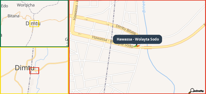 Map showing the address of Hawassa - Wolayta Sodo in three different zoom levels.