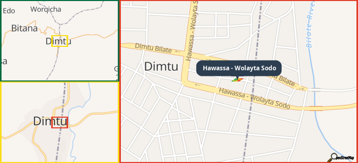 Map showing the address of Hawassa - Wolayta Sodo in three different zoom levels.