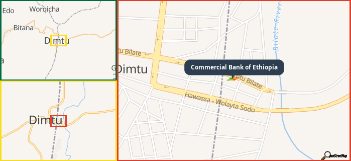 Map showing the address of Commercial Bank of Ethiopia in three different zoom levels.