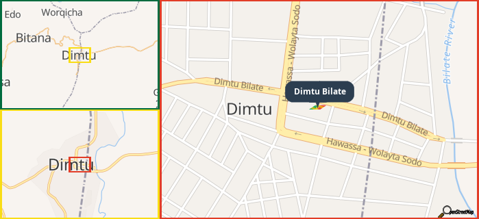 Map showing the address of Dimtu Bilate in three different zoom levels.