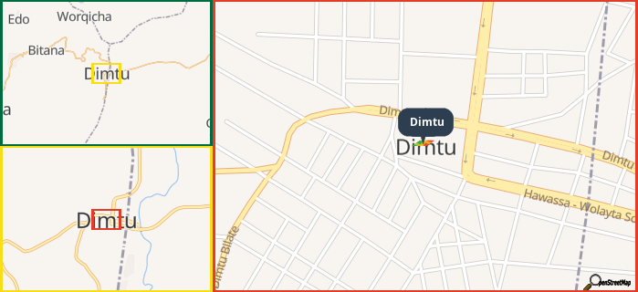 Map showing the address of Dimtu in three different zoom levels.