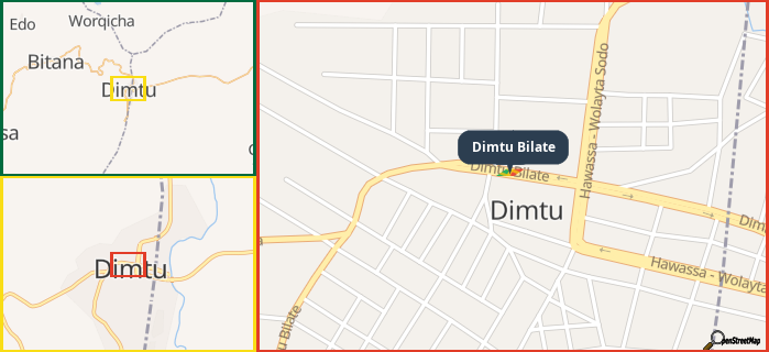 Map showing the address of Dimtu Bilate in three different zoom levels.